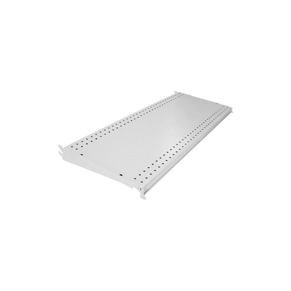 A white metal shelf with holes.