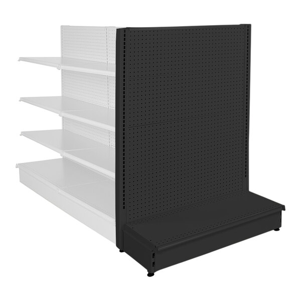 A black single-sided pegboard gondola shelf with a white pegboard on top.