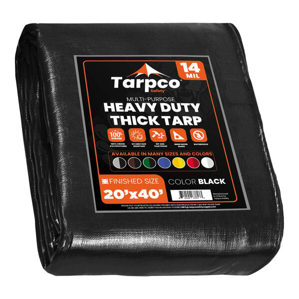 A black Tarpco Safety tarp with white text and reinforced edges.