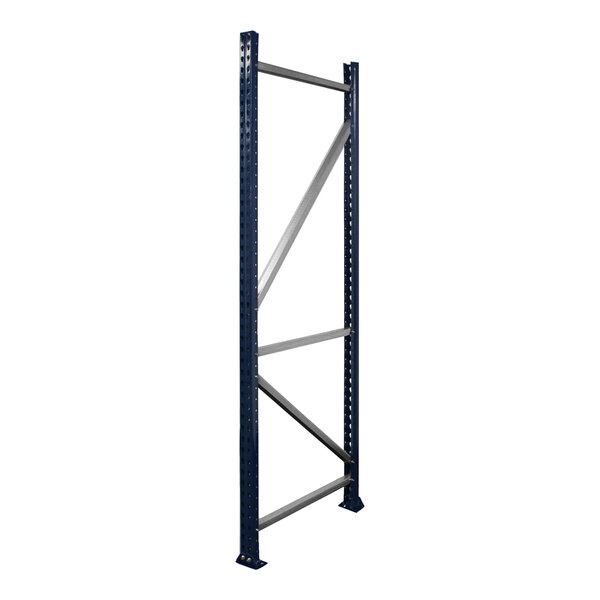 A blue and silver metal Interlake Mecalux heavy-duty pallet rack frame.