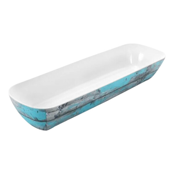A rectangular white and blue Dalebrook Tura melamine crock.