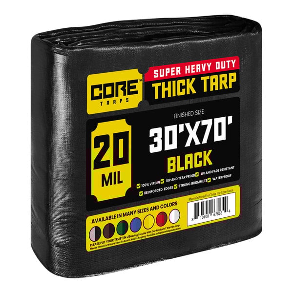 A black Core heavy-duty weatherproof tarp with reinforced edges wrapped in plastic.