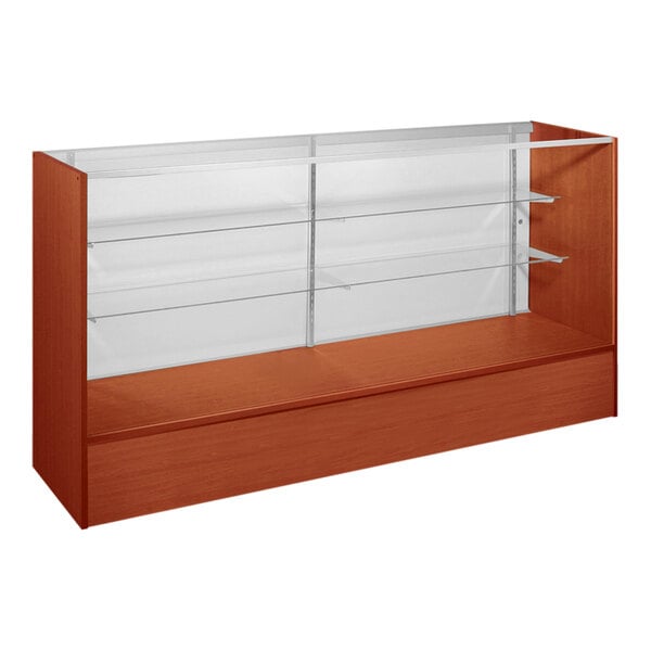 A 60" x 18" x 38" Cherry Full Vision Display Showcase with glass shelves.