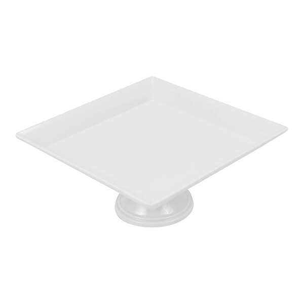 A white melamine square pedestal cake stand.