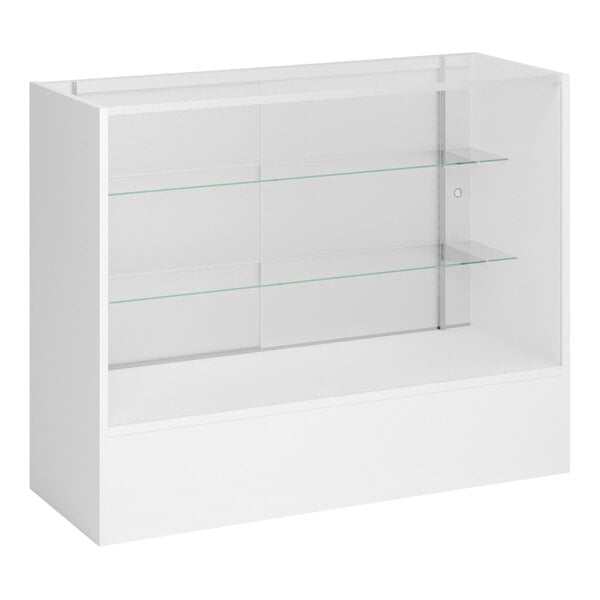 A white full vision display showcase with glass shelves.