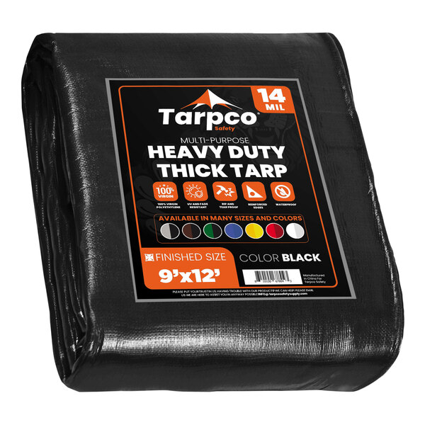 A black Tarpco heavy-duty poly tarp with white text on the edges.