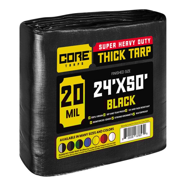 A black tarp bag with yellow and red text containing a Core black heavy-duty weatherproof tarp.