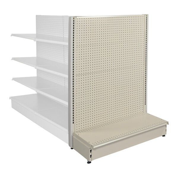 A beige single-sided pegboard end cap gondola merchandiser with shelves and pegboard.