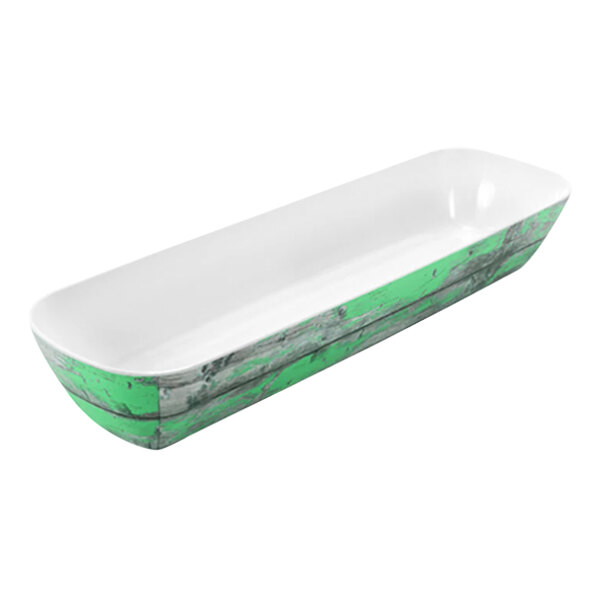 A rectangular white and green Dalebrook by BauscherHepp melamine crock with a rustic teal design.