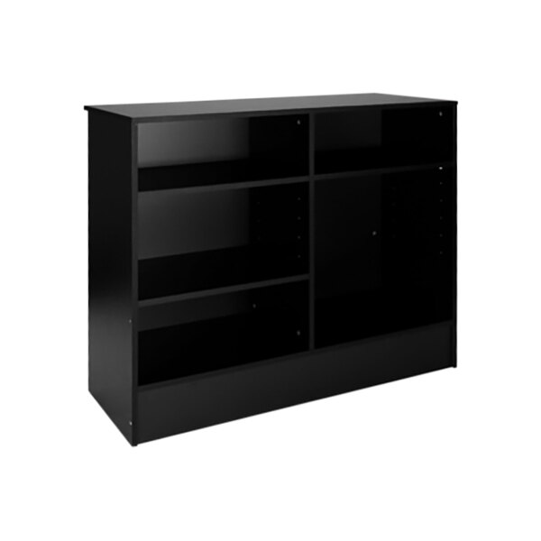 A black cash register and checkout service counter with shelves.