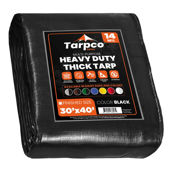 A black Tarpco Safety heavy-duty poly tarp with reinforced edges.