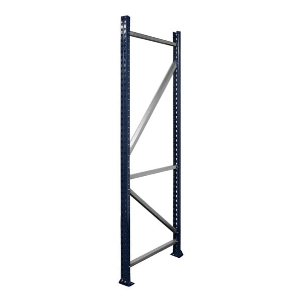 A blue and silver Interlake Mecalux heavy-duty metal frame for a pallet rack.