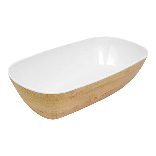 A white bowl with a wood base.