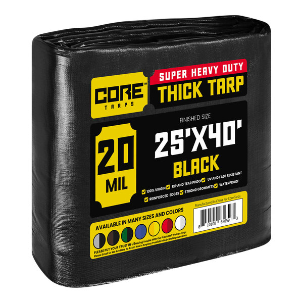 A black Core Heavy-Duty Weatherproof Poly Tarp with yellow and blue text wrapped in plastic.