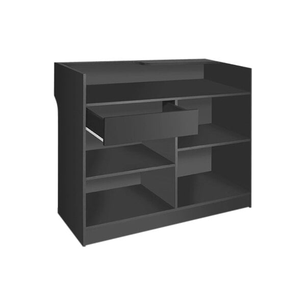 A black Ledgetop cash wrap counter with a drawer.