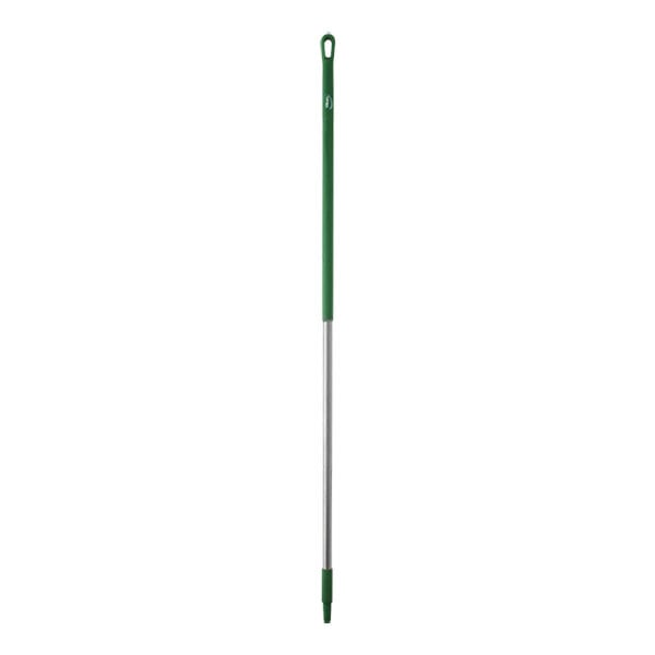 A green and silver threaded stainless steel handle.