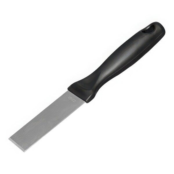 A Vikan stainless steel scraper with a black handle.