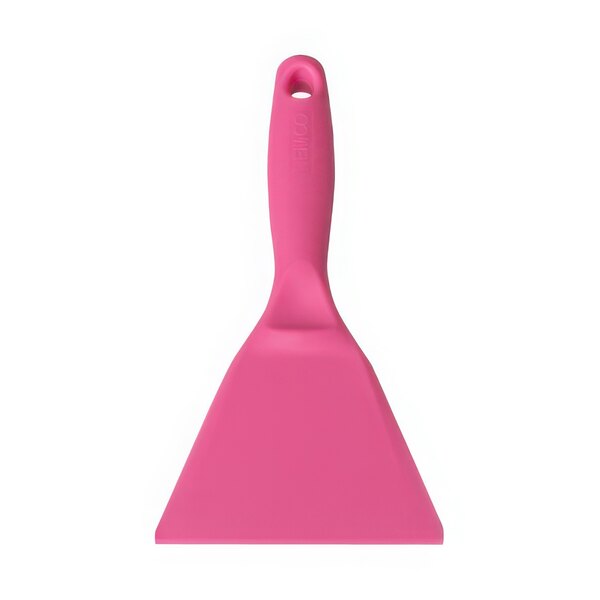 A close-up of a Vikan pink plastic hand scraper with a handle.