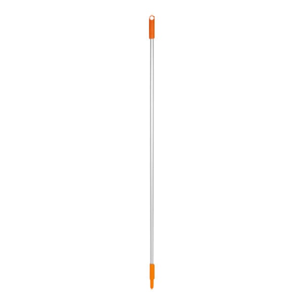 An orange and white threaded aluminum broom handle.