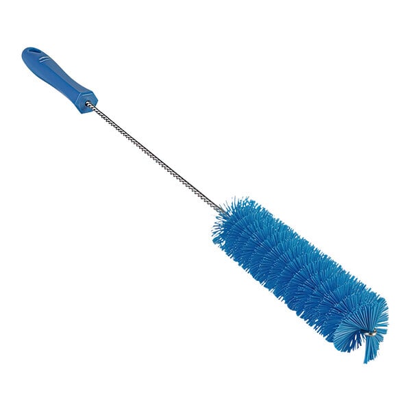 A Vikan blue tube brush with a long handle.