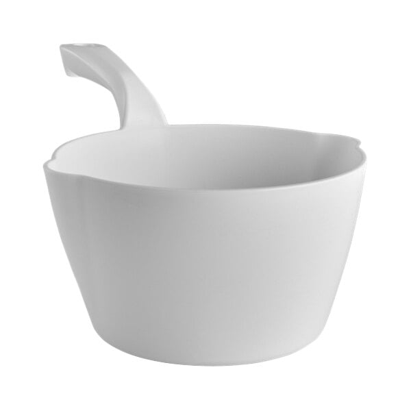 A white plastic round scoop with a handle.