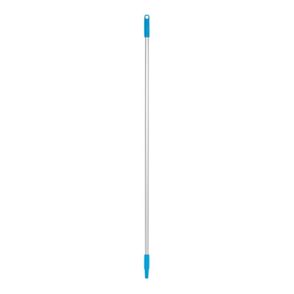 A blue and silver Vikan aluminum broom handle with threads.