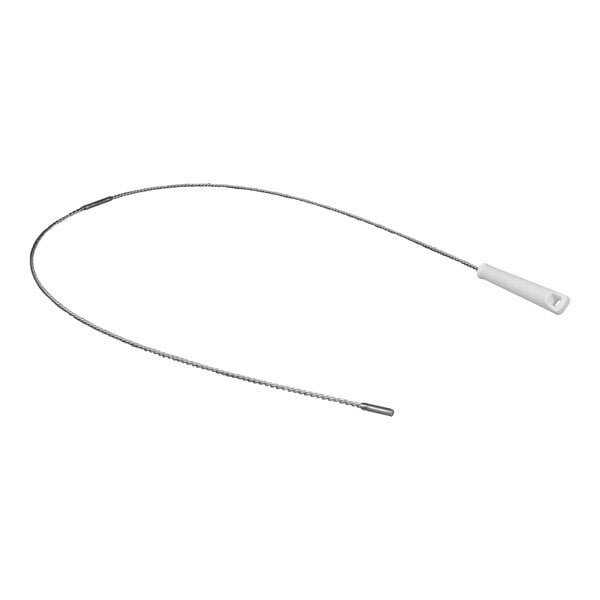 A white and silver flexible stainless steel wire with a small metal connector on the end.