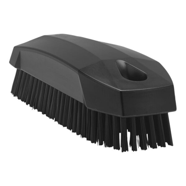 A black plastic Vikan hand brush with stiff black bristles.