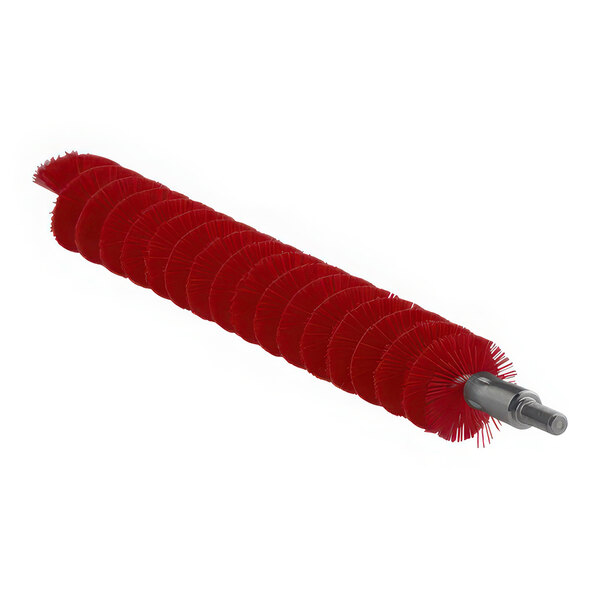 A Vikan red tube brush head with a long handle.