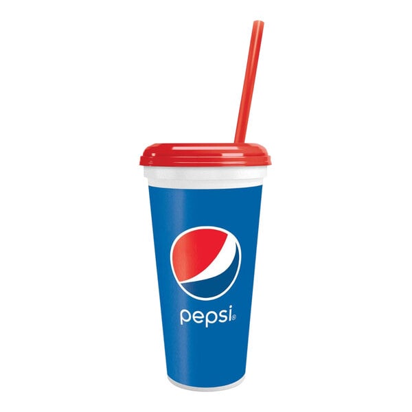 A blue and red pepsi cup with a straw.