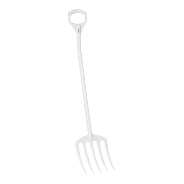 A white plastic fork with four prongs and a handle.