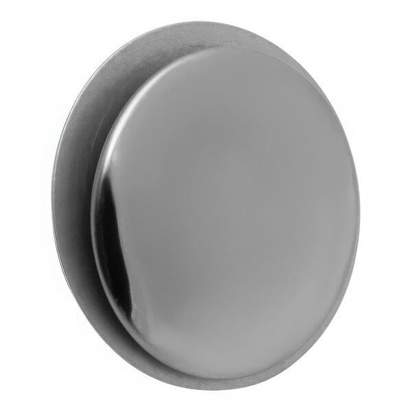 A round silver object with a white background.