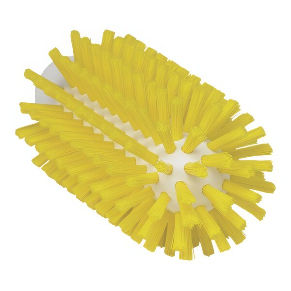 A close-up of a yellow Vikan tube brush head with white bristles.