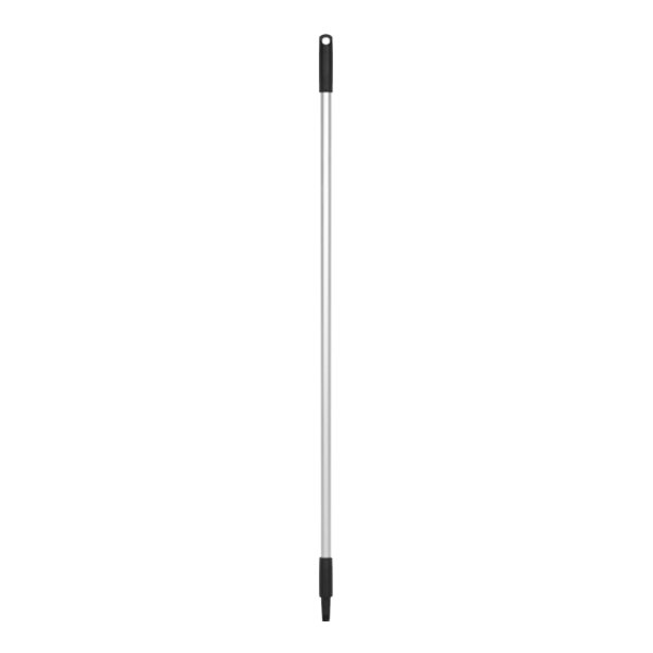 A long silver and black Vikan aluminum handle with black threads.
