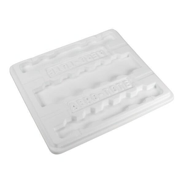 A white polyethylene lid with text on it.