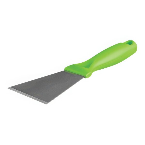 A close-up of a Vikan stainless steel scraper with a lime green handle.