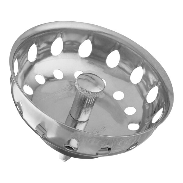 A metal sink strainer with holes.