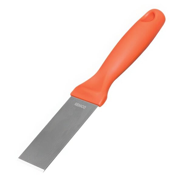 A close-up of a Vikan stainless steel scraper with an orange handle.