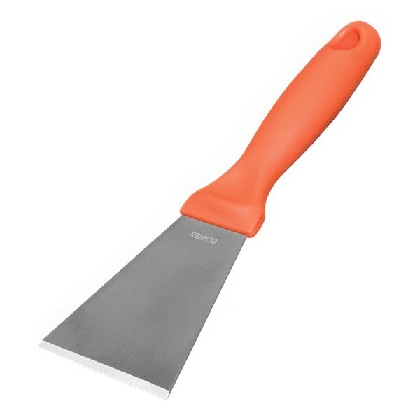 A Vikan stainless steel scraper with an orange plastic handle.