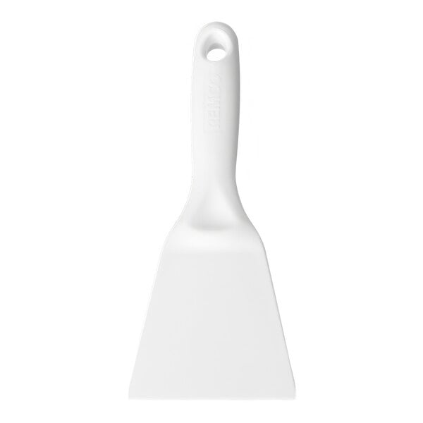 A white Vikan polypropylene hand scraper with a handle.