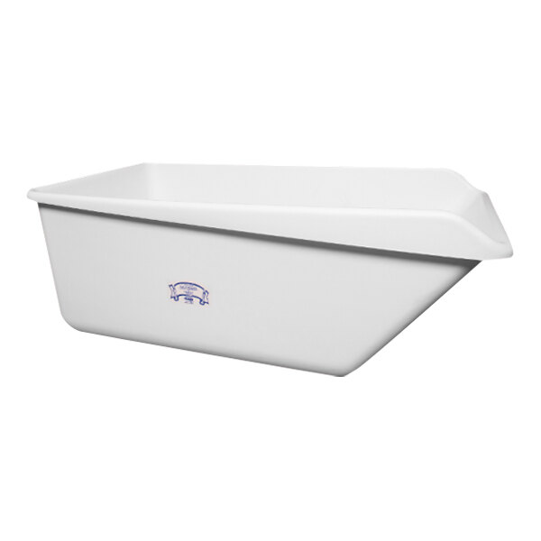 A white polyethylene tub with an angled bottom and drain plug.