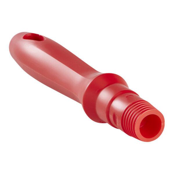 A red threaded polypropylene Vikan broom handle.