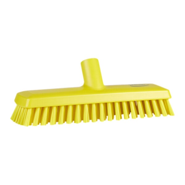 A yellow Vikan deck scrub brush head with medium bristles.