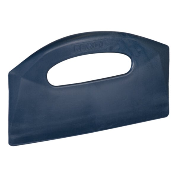 A blue Remco bench scraper with a plastic handle.
