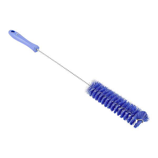 A blue brush with a long handle.