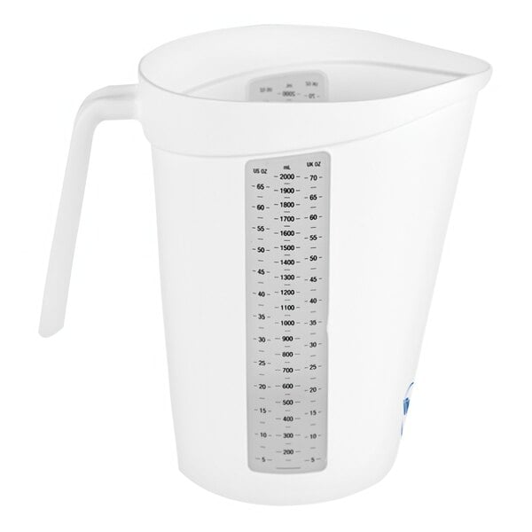 A white plastic measuring jug with a black handle.