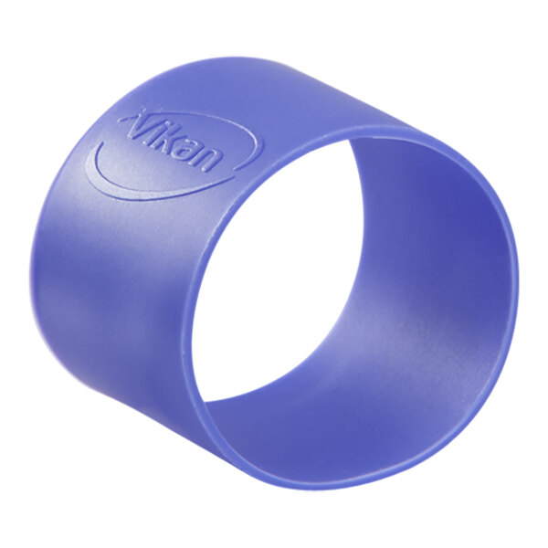 A close-up of a purple Vikan rubber band with a blue logo.