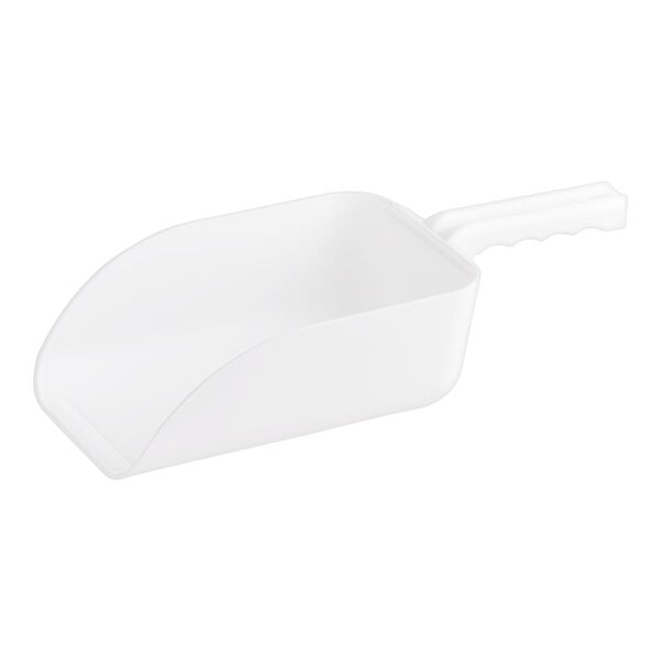 A white plastic scoop with a handle.