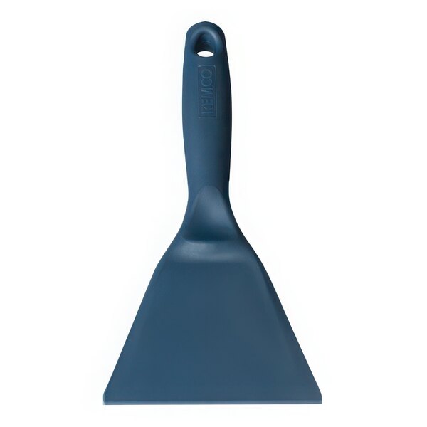 A close-up of a blue Vikan metal detectable hand scraper with a handle.