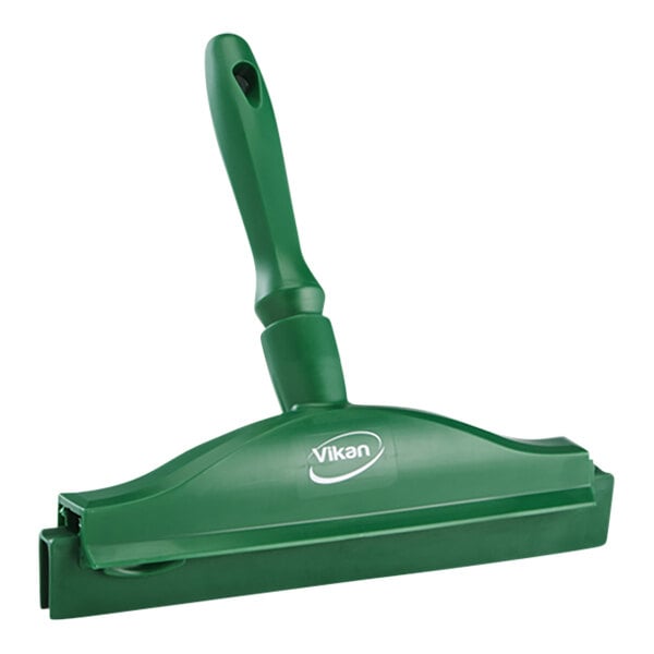 A green Vikan squeegee with a plastic handle and double rubber blades.